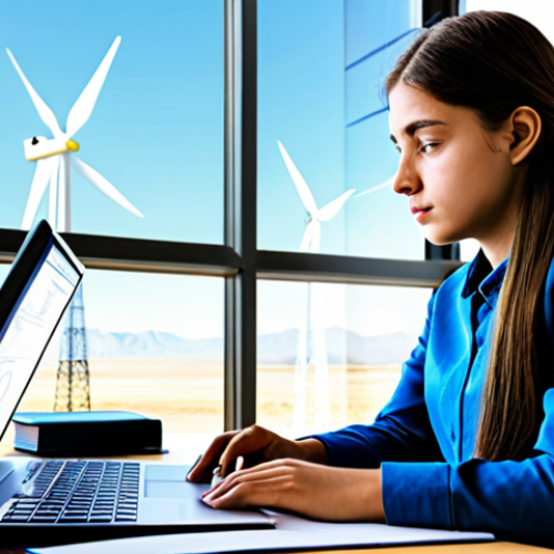 A young, determined individual, fully clothed in modest, appropriate attire, sits focused at a well-organized study desk. Open textbooks, complex diagrams, and a laptop displaying renewable energy schematics surround them. Through a large window, a futuristic, expansive solar power plant gleams under a clear sky, symbolizing inspiration. The person's expression conveys deep concentration and persistent effort in understanding challenging concepts. safe for work, appropriate content, family-friendly, fully clothed, professional photography, perfect anatomy, correct proportions, natural pose, well-formed hands, proper finger count, natural body proportions, high quality, realistic.